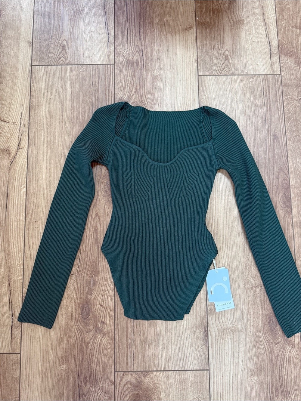 Commense Ribbed Square-Neck Long Sleeve Bodysuit - Dark Green